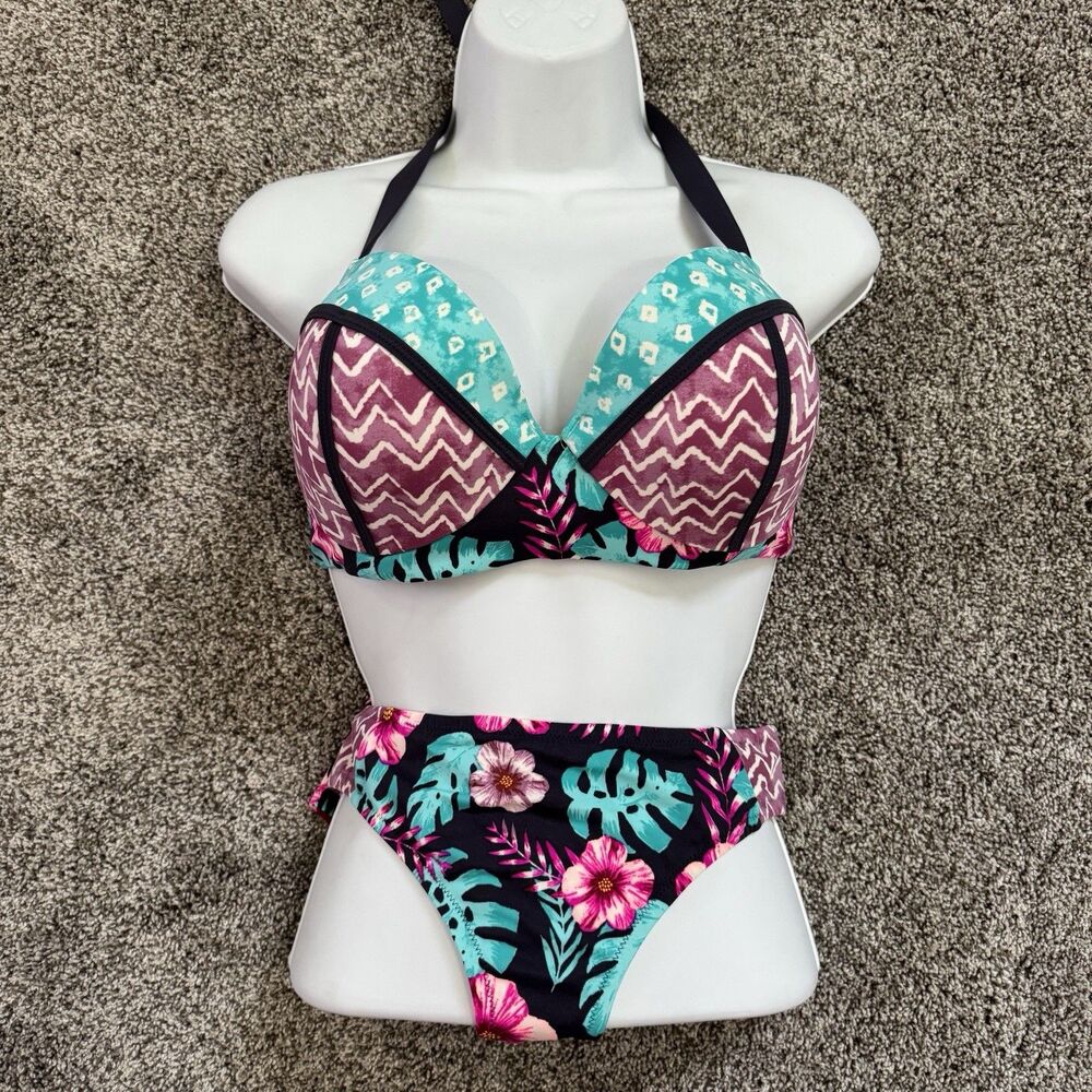Shade & Shore Bikini Top Size 36D & Cheeky Bottoms Size Large Set Floral